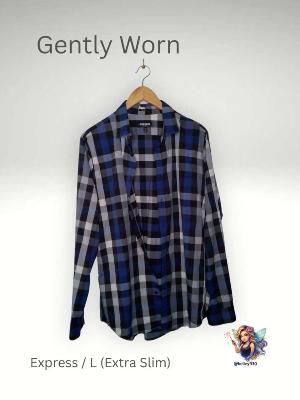 Express Extra Slim Fit Plaid Button Down Shirt Men's Large Blue Black Stretch Pe